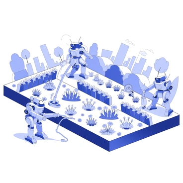 A large urban garden is filled with various plants and flowers in neat rows. Several robots are present in the garden, each equipped with tools designed for gardening tasks. One robot is watering the plants with a hose, another is pruning hedges with shears, and yet another is planting new seedlings. The robots have a sturdy and functional design, featuring articulated limbs and sensors. The setting sun casts long shadows across the garden, illuminating the robots and the vegetation with a warm glow. The skyline of the city can be seen in the background, with buildings silhouetted against the sunset.