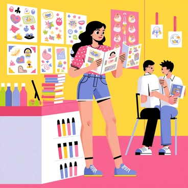 A curvy pin-up girl with long wavy hair is standing in a colorful tattoo shop. She is wearing a retro-inspired outfit with polka dots and high-waisted shorts. The girl is holding several tattoo magazines, flipping through the pages with a focused expression. The shop is filled with bright posters of various tattoo designs on the walls, and a display of colorful ink bottles is visible on a nearby shelf. A tattoo artist is working on a client in the background, adding to the lively atmosphere of the scene.