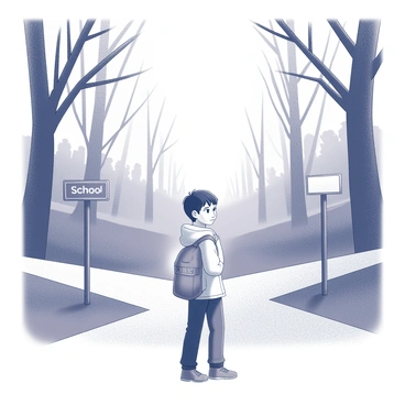 A young person standing at a crossroads. The individual has a thoughtful expression and is facing two divergent paths. One path is clearly marked with a signpost indicating "School," with a view of a school building visible in the distance. The other path is less defined, fading into a dense forest, suggesting mystery and uncertainty. Surrounding the crossroads are tall trees, their branches arching over the paths, and a light fog hangs in the air, adding an element of intrigue to the scene.