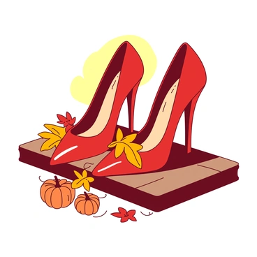 A pair of red high heels are placed elegantly on a wooden surface. The heels are adorned with vibrant orange autumn leaves, meticulously arranged across the surface and wrapping around the sides. Small orange pumpkins are nestled at the base of each heel, adding a festive touch. The background features a soft yellow light that enhances the seasonal theme, making the ensemble pop.