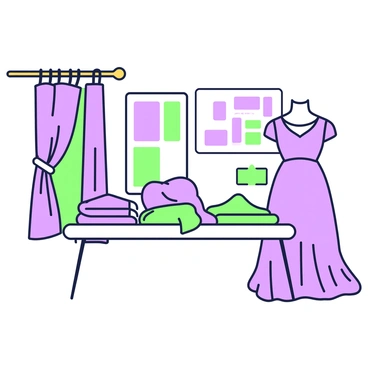 A boutique section features an array of luxurious fabrics displayed elegantly. On the left, there are drapes of fabric hanging from a gold-colored rod, showcasing different textures and patterns. In front of the drapes, a table holds several folded pieces of fabric, including silky and velvet materials, arranged neatly. To the right, a mannequin is dressed in a flowing gown made of one of the fabrics, demonstrating its elegance. Behind the table, a wall is adorned with framed fabric swatches, providing additional visual interest.