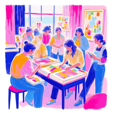 A group of artists is gathered backstage at an illustration awards event. They are surrounded by large portfolios filled with colorful artwork, showcasing their best illustrations. One artist is carefully arranging pieces in their portfolio, ensuring that the vibrant colors are displayed prominently. Another artist is adjusting the lighting on their displayed work to enhance the visual impact. A third artist is chatting with a friend while holding a sketchbook filled with detailed drawings. The atmosphere is one of excitement and anticipation as they prepare for the event.