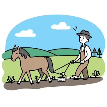 A farmer, wearing a white shirt and brown overalls, is plowing a field with a brown horse. The horse is harnessed to a wooden plow, pulling it through the freshly turned soil. Surrounding them are green fields with budding plants, and the sky is clear blue with a few fluffy white clouds. Sunlight casts soft shadows on the ground, emphasizing the farmer's focused expression as he guides the horse forward. In the background, there are distant hills and a line of trees, signaling the beauty of a bright spring morning.