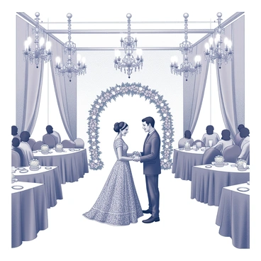 A grand ballroom is adorned with lavish decorations, featuring intricate chandeliers hanging from the ceiling. An ornate floral backdrop serves as the focal point for the varmala ceremony. In the center, a couple is standing, dressed in traditional attire that showcases intricate embroidery and embellishments. The bride is wearing a beautifully embellished lehenga, while the groom is in a finely tailored sherwani. Guests are seated at elegantly arranged tables, with decorative centerpieces featuring flowers and candles. Soft drapery frames the scene, adding to the grandeur of the setting. The atmosphere is filled with joy and celebration as the couple prepares to exchange garlands.