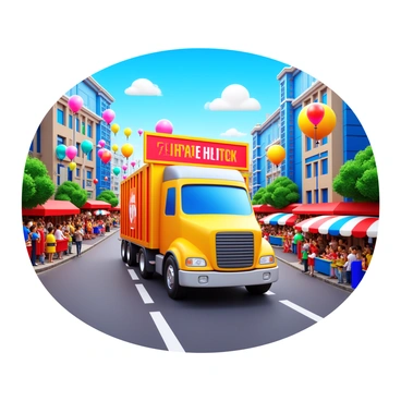 A large truck decorated with vibrant streamers and balloons. The truck features bright banners with festive designs. It is surrounded by a colorful city street lined with cheering spectators. There are various stalls and booths selling food and crafts along the route. The sky is clear and blue, adding to the cheerful atmosphere of the parade.