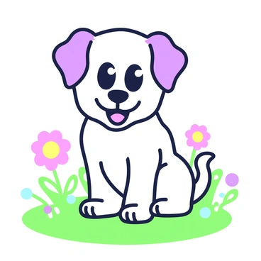 A cartoon-style puppy is sitting on a grassy patch. The puppy has oversized, expressive eyes that gleam with excitement. Its ears are floppy, adding to its playful demeanor. The tail is wagging energetically, indicating happiness. The fur is fluffy and well-defined, with the puppy's paws resting on the ground. In the background, there are a few colorful flowers scattered around the grassy area.