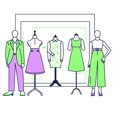 A modern fashion showroom features several sleek mannequins positioned throughout the space. Each mannequin is adorned with trendy outfits showcasing the latest styles. On the left, a mannequin is dressed in a fitted green blazer paired with purple high-waisted trousers. In the center, another mannequin exhibits a chic purple dress with intricate green patterns. To the right, a mannequin showcases a stylish green jumpsuit, complemented by a matching purple belt. The showroom has polished floors and minimalist decor, focusing attention on the fashionable displays.