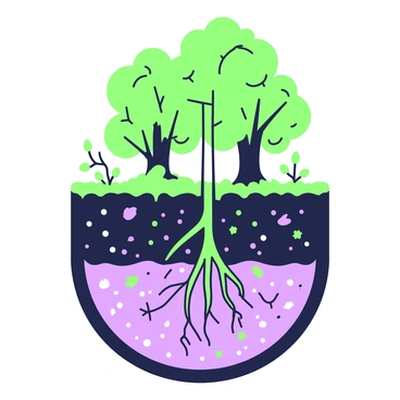 A cutaway illustration of a forest scene showing the various layers of underground soil and roots. The upper section features a thick canopy of trees with a mixture of coniferous and deciduous varieties, displaying detailed bark textures. Below the surface, the topsoil layer is rich and dark, with small plants and fallen leaves scattered throughout. Beneath the topsoil, the subsoil layer reveals intertwined roots from the trees above, showcasing their intricate network. Further down, the bedrock layer is visible, with rocky textures and minerals showing through. The entire composition is clearly defined, illustrating the relationship between the forest above and the layers below.