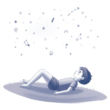 A child is lying on a grassy hill. The child is looking up at the sky, which is filled with a multitude of constellations. Each constellation is clearly defined and appears to form distinct stories. The hill is gently sloping, covered with lush grass that appears soft and inviting. The child is positioned comfortably, with arms behind their head and a look of wonder on their face as they examine the celestial display above.
