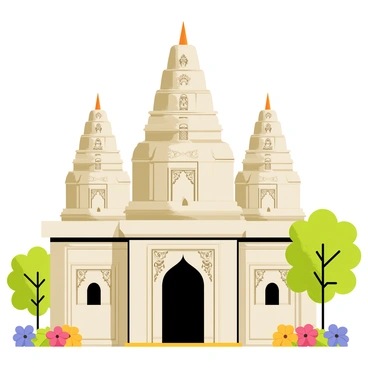 A majestic Indian temple featuring towering spires that reach towards the sky. The spires are adorned with intricate carvings depicting various deities and floral patterns. The temple has large, arched doorways framed by detailed relief sculptures. Surrounding the temple are lush green trees and vibrant flowers, adding color to the scene. Sunlight casts shadows on the temple's stone facade, highlighting the craftsmanship of the carvings.