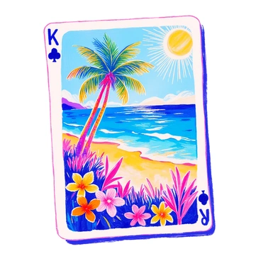 A playing card displays a beach scene. In the foreground, two tall palm trees lean slightly in the breeze. The sun is positioned in the top corner, casting warm rays across the card. Vibrant tropical flowers in shades of pink, yellow, and orange bloom at the base of the palm trees. The background features soft waves lapping at the shore, with a clear blue sky above.