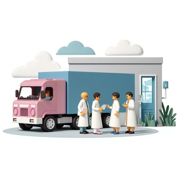 A colorful Lego truck, featuring a bright red cab and a blue trailer, is parked outside a modern secret laboratory. The laboratory building has large glass windows and sleek, metallic walls, surrounded by a high-tech security fence. In front of the lab, three scientists wearing white lab coats are gathered together, discussing their work. One scientist, a man with glasses, is holding a clipboard, while the other two, a woman with curly hair and another man with short hair, are pointing at a tablet screen. The scene is filled with various plants and a cloudy sky in the background.