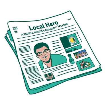 A white newspaper with the headline "Local Hero: A Profile of Our Community's Pride" prominently displayed at the top. Below the headline, there is a large photograph of a prominent citizen, a middle-aged man with dark hair and glasses, smiling warmly. He is surrounded by various community awards and images of his involvement in local events. The newspaper has a border of teal on the edges, enhancing the overall presentation. The date is clearly printed in the top right corner, indicating the current issue.