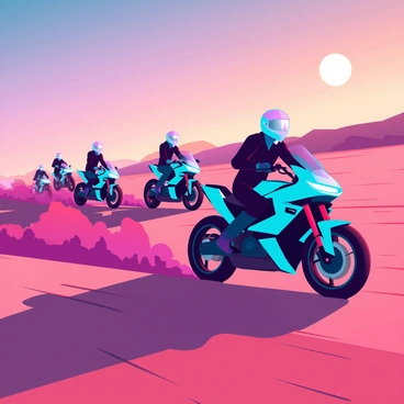 A group of powerful motorcycles speeding across a vast desert landscape, kicking up clouds of dust behind them. The riders are dressed in sleek racing gear, their helmets reflecting the warm hues of the setting sun. In the sky, the sun is low on the horizon, casting a golden light across the expansive dunes and rugged terrain. Shadows stretch dramatically across the sand, while the vibrant colors of orange, pink, and purple paint the sky, creating a stunning backdrop for the high-speed race. The motorcycles are in various dynamic positions, some leaning into turns, showcasing their agility and power.