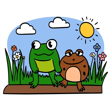 A green frog with large eyes and smooth skin, and a brown toad with bumpy texture are walking side by side along a dirt path. The path is surrounded by tall green grass and colorful wildflowers swaying gently in the breeze. The sun is shining brightly, casting warm light on the scene, and a few fluffy white clouds are scattered across the blue sky. The frog has a cheerful expression, while the toad appears calm and content as they stroll together.