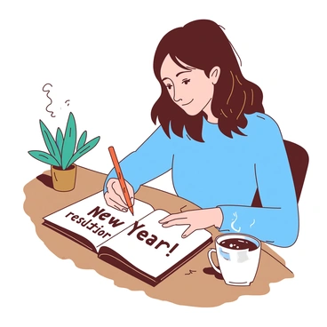 A person with medium-length brown hair is sitting at a wooden desk, focused on writing "New Year resolutions" in a white notebook. The person is wearing a comfortable blue sweater, and there is an orange pen in their right hand. The desk is organized, with a small teal plant in a ceramic pot on one side and a steaming white mug filled with coffee on the other side. A soft light illuminates the scene, casting gentle shadows across the notebook.