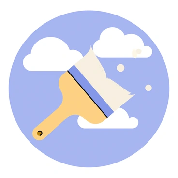 A giant paintbrush with a wooden handle creates fluffy white clouds against a bright blue sky. The bristles of the brush are dipped in white paint, and as it moves, the clouds take shape, billowing softly. The background is a clear expanse of blue, contrasting with the softness of the clouds being formed. The scene conveys a sense of whimsical creativity in the skies.