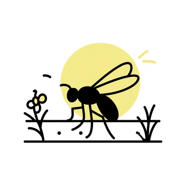 A black silhouette of a Drosophila, featuring its distinctive body shape and long wings, is positioned against a bright orange and yellow setting sun. The sun is partially hidden on the horizon, casting warm light that contrasts with the dark outline of the fly. Surrounding the fly are simple representations of a natural habitat, including sparse grass blades and a few abstract flowers, all rendered in minimalistic lines to highlight the silhouette.