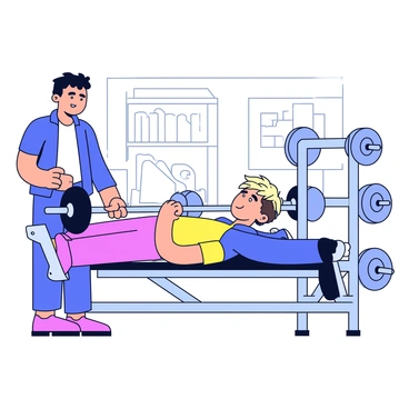 A personal trainer stands beside a client who is lying on a bench, performing a barbell bench press exercise. The trainer has a focused expression, offering encouragement and guidance. The client, a young adult, grips the barbell with both hands, lifting it above their chest with a determined look on their face. The gym is equipped with various exercise machines and weights in the background. The scene conveys a sense of motivation and teamwork in a fitness environment.
