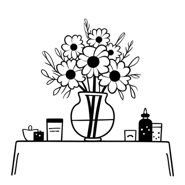 A detailed table centerpiece featuring a cluster of "white and pink anemone flowers" arranged artistically in a glass vase. The vase sits on a neatly set dining table adorned with a fine tablecloth. Surrounding the vase, there are decorative items such as "tiny white candles" placed on either side, and "delicate greenery" accents complementing the floral arrangement. The overall composition evokes a sense of sophistication and charm.