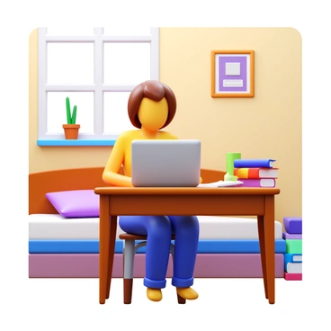 A student sitting at a desk with a laptop open, attending a lecture. The bedroom is cozy, with a neatly made bed in the background and soft lighting creating a warm atmosphere. There are books and stationery scattered around the desk, and a potted plant sitting on the windowsill. The student is wearing comfortable loungewear and has a focused expression while taking notes. A poster hangs on the wall, adding a personal touch to the room.