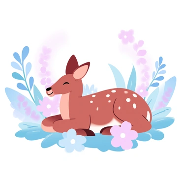 A gentle fawn is resting peacefully in a field filled with tall, waving wildflowers. The fawn has a soft, spotted coat and is lying comfortably amidst vibrant blooms. Surrounding the fawn are clusters of colorful wildflowers in various shades, gently swaying in a light breeze. The sunlight filters through, illuminating the delicate petals and casting a warm glow over the serene scene.