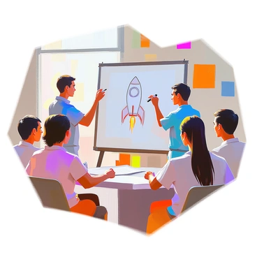 A player with short hair and wearing a bright blue shirt is standing at a whiteboard, holding a marker and drawing a rocket. The rocket is depicted with a pointed nose, fins at the base, and flames coming out of its engines. Several teammates are gathered around, looking eagerly at the drawing, with expressions of concentration as they discuss and take turns guessing “space travel.” The setting is an indoor game room, with colorful decorations and a large window in the background letting in natural light.