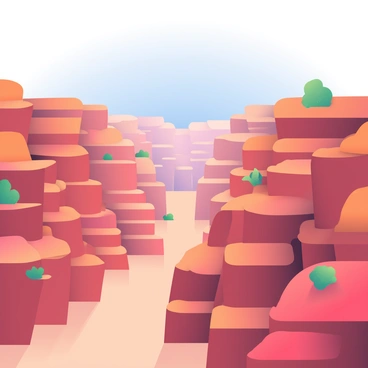 A vast canyon landscape stretches out, showcasing intricate layered rock formations in various shades of red, orange, and brown. The rock layers rise dramatically, creating a sense of depth and grandeur. In the background, a clear blue sky provides a vibrant contrast to the earthy tones of the canyon. Soft shadows are cast upon the canyon walls, highlighting the textures of the rocks. Sparse vegetation can be seen clinging to the canyon edges, adding touches of green to the arid landscape.