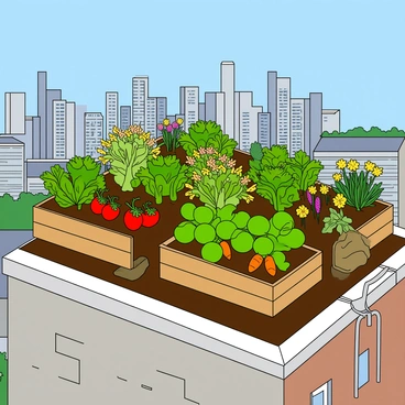 A vibrant rooftop farm situated atop a tall building in a bustling cityscape. The farm is filled with an abundance of various vegetables, including bright green lettuce, ripe red tomatoes, and orange carrots peeking out from the soil. Colorful flowers bloom throughout the farm, showcasing hues of yellow, pink, and purple. There are wooden planter boxes neatly arranged, and a few garden tools, such as a small spade and watering can, rest nearby. In the background, the city skyline is visible, with tall skyscrapers making up the urban landscape. A clear blue sky adds to the lively atmosphere of the scene.