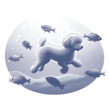 A poodle swimming underwater with colorful fish