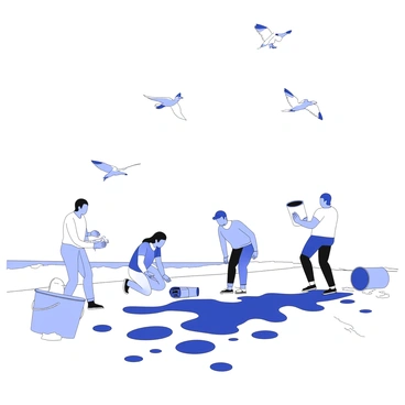 A beach is littered with oil, creating a stark contrast against the sand. Several volunteers are present, wearing gloves and carrying buckets filled with absorbent materials to collect the oil. They are diligently working together, some kneeling down and others standing, focused on their task. Overhead, numerous seabirds are flying, their wings spread wide as they navigate above the beach. The sky is expansive, providing a backdrop to the scene below. The volunteers and seabirds are both actively involved in their respective actions within the same environment.