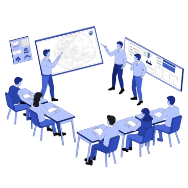 A classroom setting is filled with new recruits seated at desks, attentively listening to NATO trainers. The trainers stand at the front of the room, one pointing to a large map displayed on a whiteboard, illustrating various strategic locations. The recruits are diverse in appearance, some taking notes while others look directly at the trainers. Various training materials such as notebooks, pens, and military gear are visible on the desks. The classroom is equipped with military-themed posters and instructional charts on the walls, enhancing the learning environment.