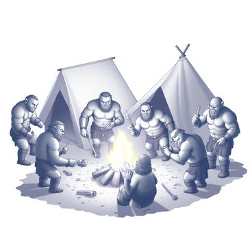 An orc encampment filled with activity. Several orc warriors are gathered around a large fire, showcasing their muscular builds and fierce expressions. Some orcs are sharpening their weapons, while others are donning their battle armor, which consists of leather and metal elements. In the background, makeshift tents made from animal hides are arranged in a semi-circle. A few orcs are engaged in animated conversations, with gestures that convey their eagerness for the upcoming battle. The ground is rough and uneven, scattered with tools and remnants of previous meals. The atmosphere is charged with anticipation and camaraderie as the warriors prepare for combat.