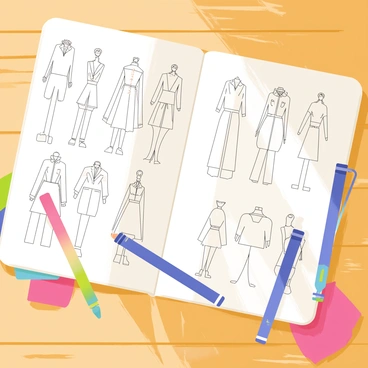 An open sketchbook with various fashion illustration templates