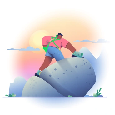 A climber with dark hair and a green climbing harness is scaling a large boulder in the foreground. The boulder is textured with rough surfaces and small crevices, providing various handholds and footholds. The sky above is filled with warm hues of orange, pink, and soft yellow as the sun begins to rise on the horizon. The sunlight casts long shadows on the ground, highlighting the contours of the boulder and the climber's focused expression. In the background, silhouettes of distant mountains are visible against the colorful sky.