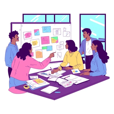 A group of diverse illustrators is gathered around a large whiteboard in a bright creative studio. The whiteboard is filled with colorful sketches and notes, showcasing various brainstorming ideas. Each illustrator is engaged in discussion, with one person pointing at a drawing while another takes notes on a notepad. The studio has large windows that allow natural light to flood the room, illuminating the vibrant color palette of the illustrations and materials scattered across the table. Various art supplies, such as markers, sketchbooks, and reference images, are visible in the scene.