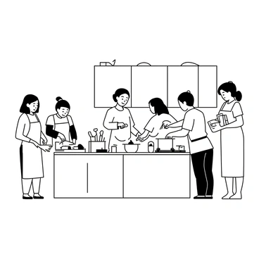 A cooking class is taking place in a spacious kitchen. In the center, a teacher stands at a large kitchen island, demonstrating a cooking technique with a smile. Around the island, several students are engaged in preparing simple meals. One student, wearing an apron and holding a knife, is chopping vegetables on a cutting board. Another student is stirring a pot on the stove, focused on the task. A third student is measuring ingredients while looking at a recipe book. Various kitchen utensils, ingredients, and cooking tools are scattered around the workspace, adding to the lively atmosphere.