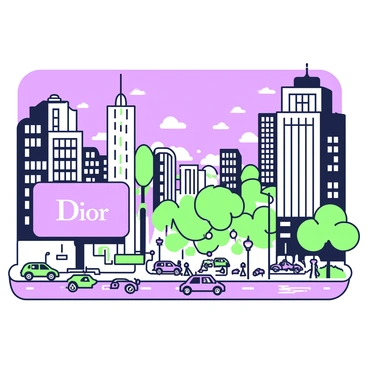 A cityscape at dusk with towering buildings and a clear sky. In the foreground, there are busy streets bustling with cars and pedestrians. A prominent "Dior" billboard is illuminated, drawing attention with its bold lettering. The surrounding buildings are filled with windows reflecting the last light of the day. Streetlights are beginning to glow, casting soft light on the sidewalks. A park with trees is visible in the distance, adding a touch of greenery to the urban scene.