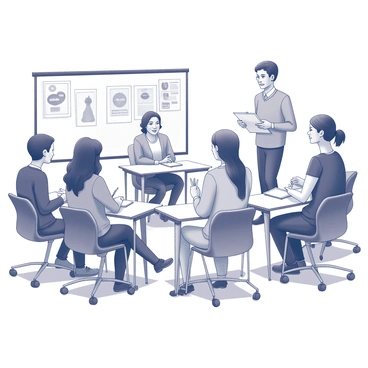 A classroom setting filled with students engaged in conversation. Desks are arranged in a circular formation to encourage discussion. Each student is actively participating; one student is standing and presenting while others sit with notebooks and pens in hand. The expressions of the students show focus and enthusiasm as they practice speaking. A teacher stands at the front of the room, guiding the discussions with a clipboard and notes. Walls are adorned with educational posters related to language learning.