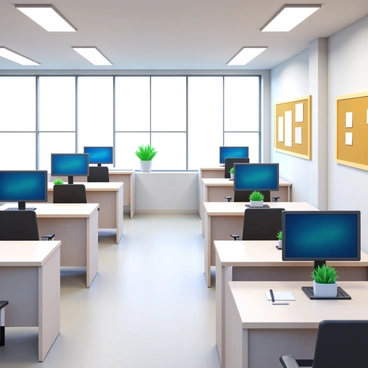 An office space with multiple desks arranged neatly in rows. Each desk features a sleek computer monitor, a keyboard, and a notepad. The walls are painted in a light, neutral color, enhancing the brightness of the area. Energy-efficient LED lights are mounted on the ceiling, casting a soft, bright glow across the room. Large windows allow natural light to filter in, complementing the artificial lighting. There are plants on some desks, adding a touch of greenery to the environment. A bulletin board is mounted on one wall, displaying various notes and reminders.
