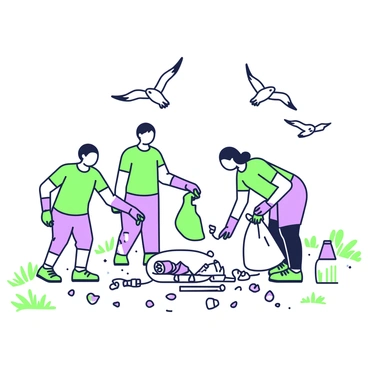 A group of volunteers is actively collecting plastic waste from a sandy beach. They are wearing bright-colored t-shirts and gloves, with some volunteers holding large trash bags. In the background, several seagulls are flying overhead against a clear sky. The sandy beach features small patches of grass and scattered shells. Near the volunteers, there are empty containers and wrappers lying on the ground, illustrating the cleanup effort.