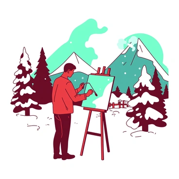 A red artist is standing in front of an easel, intently painting a serene scene. The canvas depicts a white cabin nestled among tall, snowy mountains. The mountains rise majestically in the background, their peaks dusted with white snow. In the foreground, there are pine trees with heavy snow resting on their branches. The artist is using a teal brush to add details to the cabin, which has smoke gently rising from the chimney. Soft snowfall is visible, creating a peaceful atmosphere around the scene.