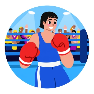 A female boxer with short black hair is wearing red boxing gloves and a bright blue sports tank top. She is in a dynamic stance inside a ring, with her left fist raised and ready to strike. The background features a cheering crowd with raised hands, showing excitement. The ring has blue ropes, and there are bright lights shining down, illuminating the scene. Her expression is focused and determined, showcasing her strength and skill as she faces her opponent.