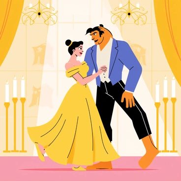 "Beauty and the Beast" are elegantly dancing in a grand ballroom illuminated by soft, flickering candlelight. The ballroom features ornate gilded details on the walls and a high ceiling adorned with intricate chandeliers. "Beauty," wearing a flowing yellow gown, twirls with grace, her hair styled in an elegant updo. "Beast" is in a regal blue suit, his posture proud as he holds her gently. Surrounding them are tall, elegantly arranged candles on ornate golden stands, casting a warm glow throughout the room. Delicate tapestries hang on the walls, adding to the enchanting atmosphere of the scene.
