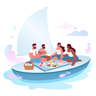 A group of friends is seated on the deck of a sailboat, enjoying a sunny picnic. The friends are laughing and chatting, surrounded by a vibrant spread of delicious food. There are sandwiches, fruits, and colorful snacks arranged neatly on a picnic blanket. A basket filled with more treats is nearby. The sailboat is gently rocking on calm waters, with the sun casting warm light across the scene. The sails are billowing lightly in the breeze, adding a touch of adventure to the atmosphere.