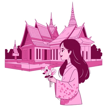 A pink cartoon girl with long flowing black hair is wearing a colorful traditional dress adorned with intricate patterns. She is standing in front of a large, beautifully decorated temple with ornate details and vibrant colors. The temple features tall spires and intricate carvings, surrounded by lush greenery. The girl is holding a small bouquet of flowers in her hands, looking up at the temple with a smile. The scene is filled with a sense of wonder and cultural richness.