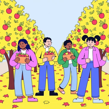A group of people of varying ages picking apples from trees in a lush orchard. The trees are laden with red and green apples, their leaves showing vibrant autumn colors of orange and yellow. The ground is covered with fallen leaves, creating a colorful carpet. Each person holds a basket filled with freshly picked apples. The sky is clear and blue, and the sunlight filters through the branches, casting gentle shadows on the ground.