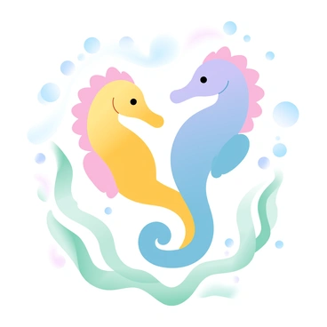 A pair of seahorses is entwined together, their elongated bodies gently curved around each other. One seahorse is a vibrant yellow while the other is a soft lavender, showcasing their unique colors. They are surrounded by flowing green seaweed that sways gracefully in the water, adding depth to the scene. Small bubbles rise around them, creating a sense of movement in the aquatic environment. Gentle light filters down from above, illuminating the seahorses and seaweed in a captivating manner.