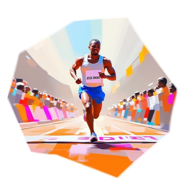 A dynamic scene capturing "Jesse Owens" crossing the finish line, showcasing his athletic prowess as he outpaces his competitors. He is depicted in mid-stride, wearing a light-colored tank top and shorts, with his expression reflecting determination and focus. The background features blurred figures of other runners, emphasizing his lead in the race. The finish line banner is visible in the foreground, with a crowd of spectators in the distance, their faces filled with excitement. The sun casts a warm light over the scene, highlighting the intensity of this historic moment in athletics.