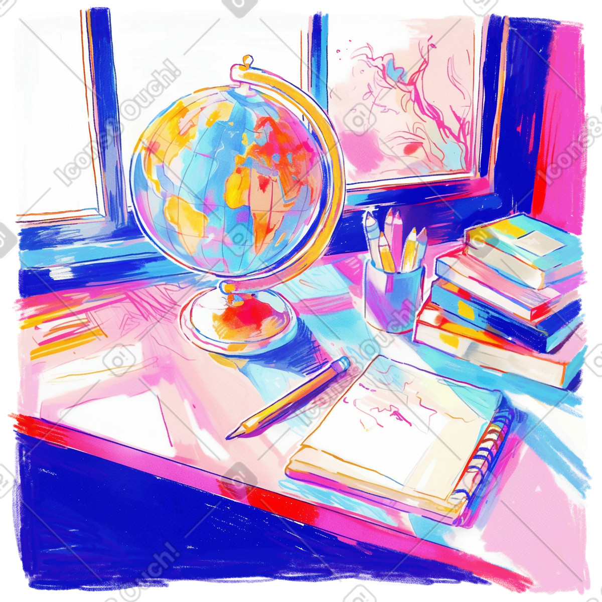 Illustration Dessin au crayon d'un globe, de livres et bloc-notes sur une table dans le style Fuchsia à télécharger aux formats PNG, SVG